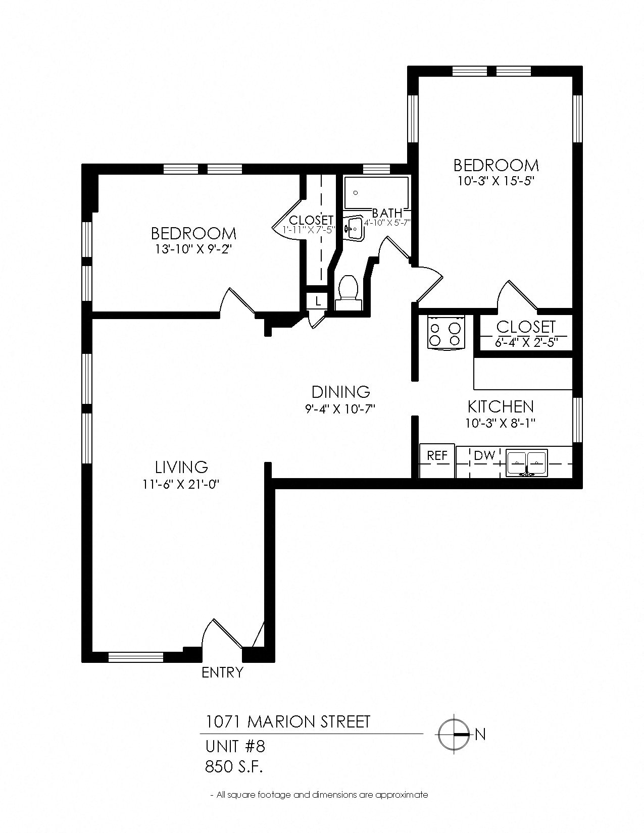 Floor plan for 2 beds, 1 bath, 850 sqft